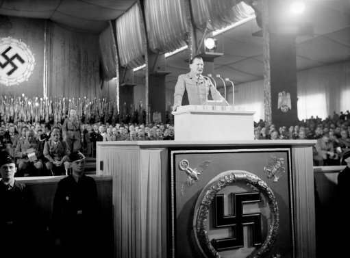 Field Marshal Hermann Goering makes his dramatic speech at Nuremberg, Germany on Sept. 10, 1938. In a violent two-hour polemic at Nuremberg, Field Marshal Goering attacked the Czech government, boasted Germanys vast food stores were sufficient to defy any blockade, that her western fortifications were impregnable and that her air force was the strongest in the world. He also criticized England, pointed to the unrest in Palestine. 