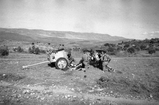 Latest British artillery with rubber-tired wheels, in action against Arab rebels in Palestine, Jan. 9, 1939.