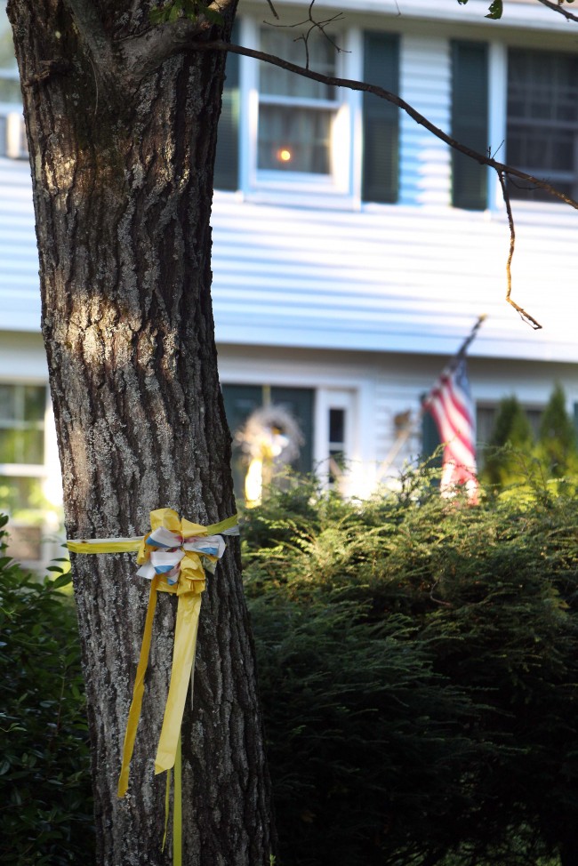 A ribbon is tied to a tree outside the home of American freelance journalist James Foley, on Tuesday Aug. 19, 2014, in Rochester, N.H