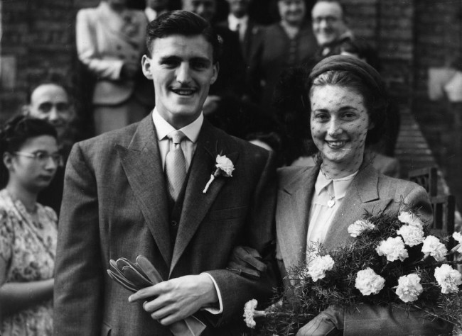 1st October 1949: Brentwood footballer Jimmy Hill with his bride Gloria Flude, a teacher. They were married at Balham Baptist Church, south London. (Photo by Douglas Miller/Keystone/Getty Images)