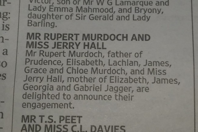 Jerry Hall murdoch the times announcement