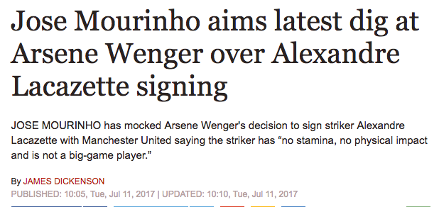 man JOSE MOURINHO has mocked Arsene Wenger’s decision to sign striker Alexandre Lacazette with Mancheste mourinho express
