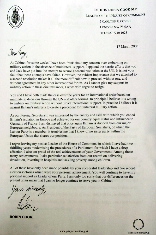 Anorak News | Robin Cook resignation letter