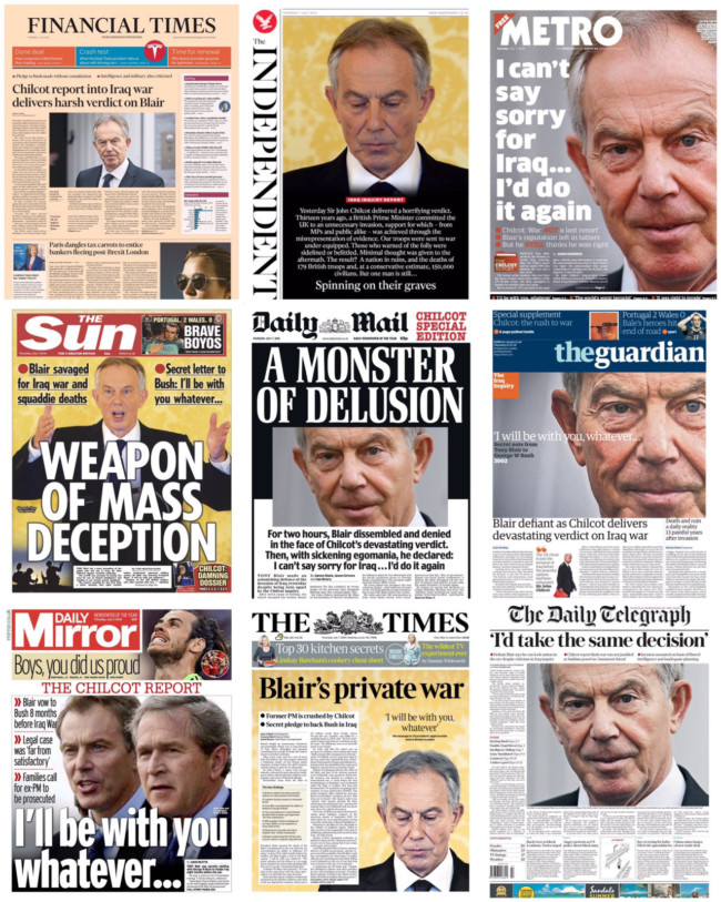 blair front pages chilcot