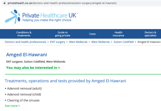 Amged El-Hawrani private NHS
