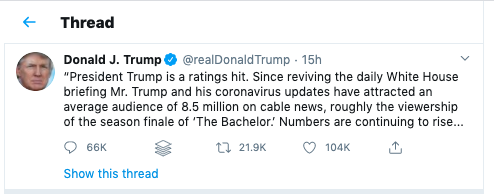Donald Trump hails Coronavirus as a ratings hit 
