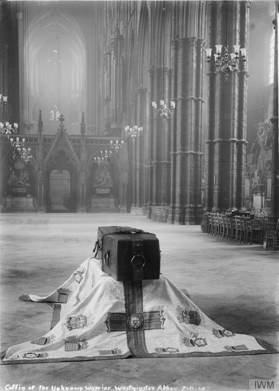 The coffin of the Unknown Warrior in state in the Abbey in 1920, before burial.